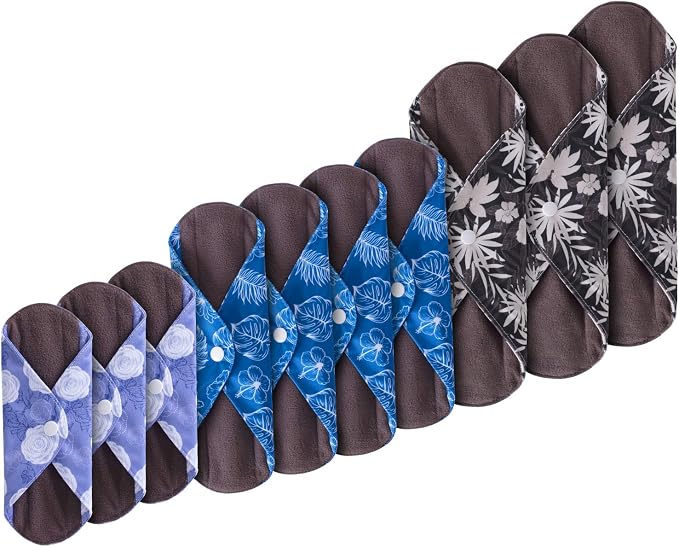 Teamoy Reusable Menstrual Pads, Cloth Sanitary Pad, Panty Liners, Plant | Washable Pads with Charcoal Absorbency Layers, Soft and Comfortable, 10 Pcs Pad with 1 Wet Bag, 3pcs×7.9"+4pcs×10"+3pcs×11.6"
