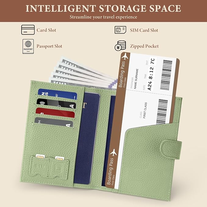 Genuine Leather Passport Holder for Women Men, Hidden Airtag Pocket, RFID Blocking, Zippered Coins Pocket & Cash Compartment Travel Gifts Essentials Passport Cover Case - Light Green