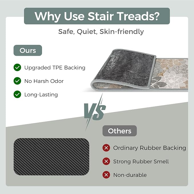 SARBEN 8"x30" Non Slip Stair Treads for Wooden Steps 15 Pack, Taupe Grey | Peel and Stick Carpet Stair Runner with TPE Adhesive Backing, Carpet for Added Safety, Pet and Senior Friendly