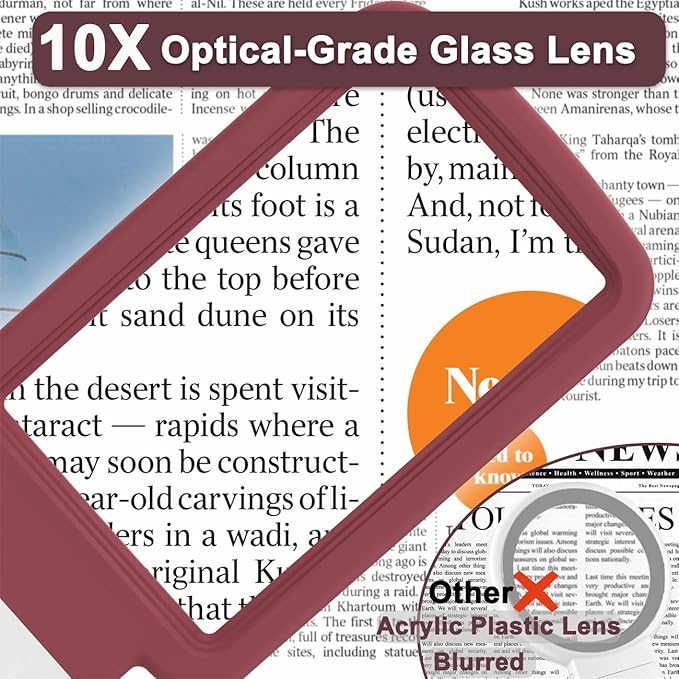 10X Magnifying Glass with Light and Stand, Real Glass Lens, Rechargeable Foldable Handheld Magnifier, 3 Color Modes Dimmable Lighted Page Magnifier for Reading Fine Prints, Seniors - Red White
