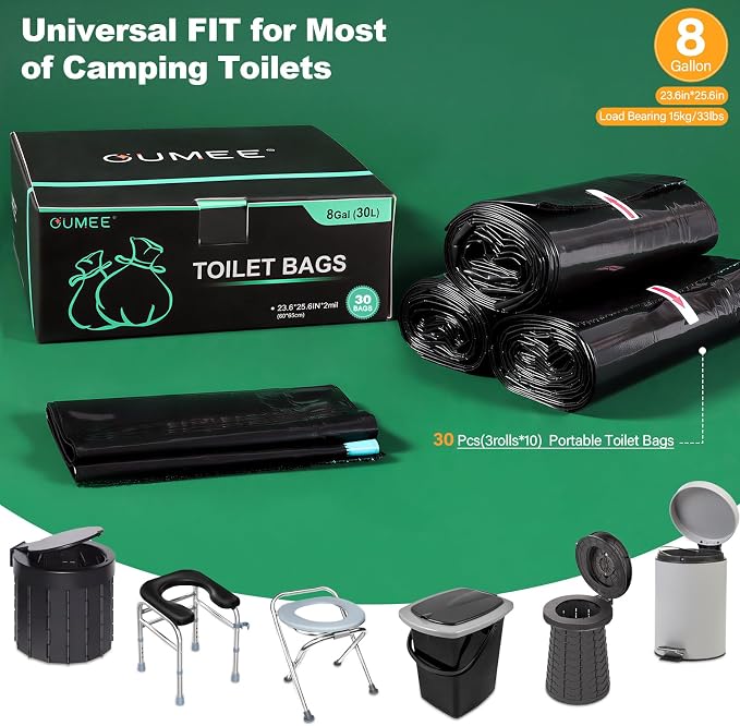 30 Pack Camping Toilet Bags, 8 Gallon Portable Toilet Bags | Toilet Waste Bags, Leak-Proof Potty Liners Trash Bags for Outdoor Camping Toilet Bucket,Traveling, RV Trip