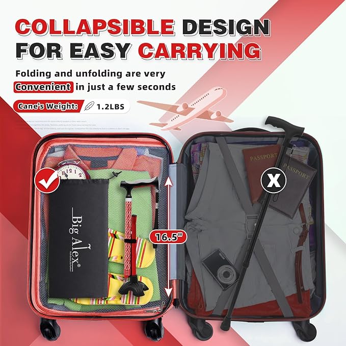 BigAlex Lightweight Collapsible Walking Cane with Soft Comfortable TPR Handle for Seniors and Elderly Adults, Larger Handle for Comfort, Adjustable Support Stick, Portable Travel Aid for Men & Women