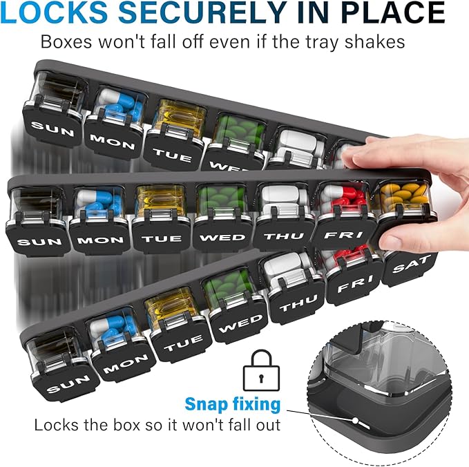 Extra Large Weekly Pill Organizer 7 Day - Portable Daily Pill Box with 7 Detachable Compartments, Vitamin Holder and Medicine Organizer for Supplements, Home and Travel, Black