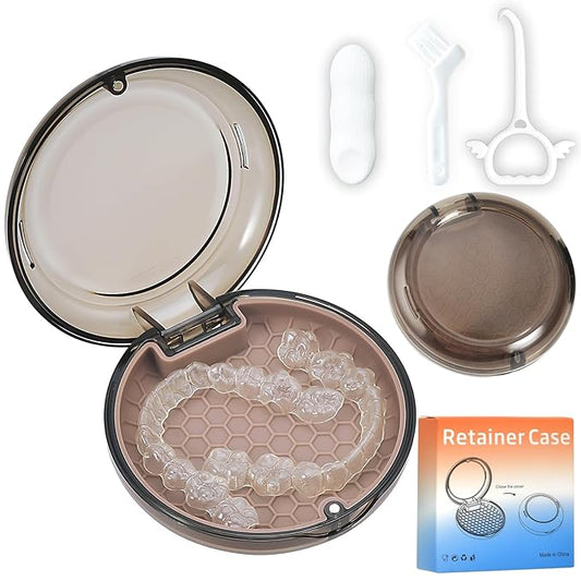 Retainer Case Slim Aligner Case with Vent Holes Removable Inner Tray Silicone for Easy Cleaning Retainer Removal Tool and Brush (Clear Brown)