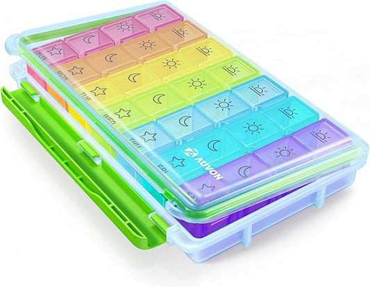 AUVON iMedassist Moisture-Proof Weekly Pill Organizer 4 Times a Day, Large 7 Day Pill Box Case with Portable Design for Travel, Removable Individual Containers Hold Vitamins, Supplements, Medications