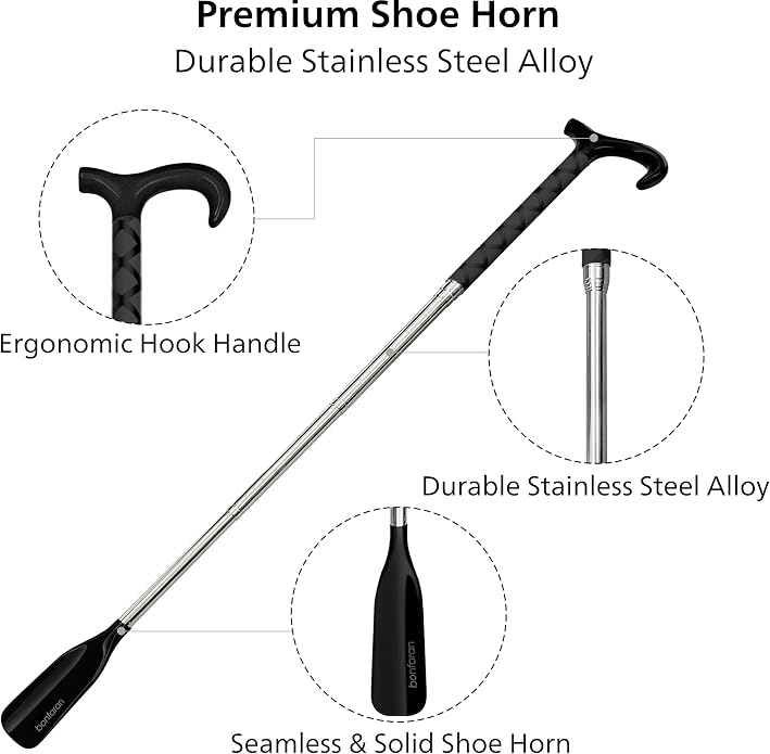 Shoe Horn Long Handle for Seniors, Telescopic Stainless Steel | Long Shoe Horn, 14"-35" Adjustable Length, One-Pull Extension, Matte Finish, Reduced Wobble, No-Bend Shoe Helper