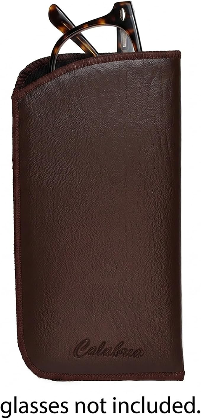 Calabria Slim Faux Leather Eyeglass Case Soft Slip-In Design [Brown without Clip - 1 Pack] | Compact Protective Pouch | Soft Case for Glasses | Lightweight Sunglass Storage