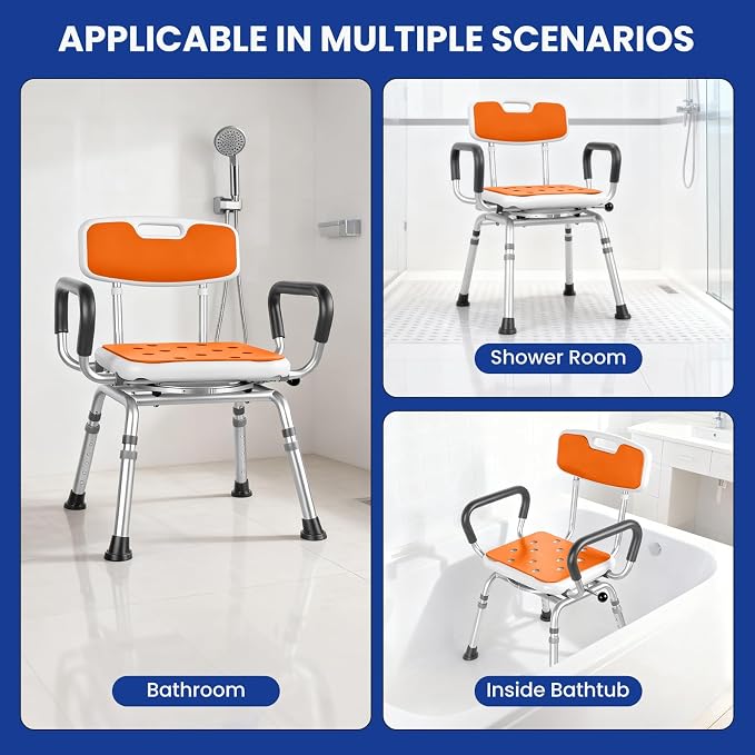 360 Swivel Shower Chair with Arms and Back, Heavy Duty [300 lbs] Padded Bath Seat for Inside Shower, Height Adjustable Rotating Shower Stool for Seniors, Elderly, Disabled & Bariatric Adults, Orange