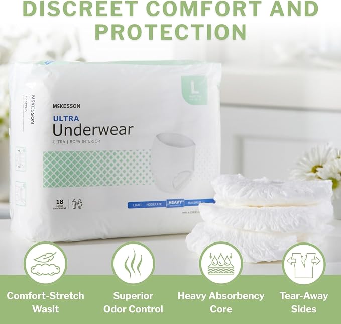 McKesson Ultra Adult Incontinence Underwear, [18 Count], Heavy Absorbency, Large, 44-58 in. Unisex Bladder Leak Protection, Pull-On Style with Tear-Away Sides, Postpartum and Incontinence Support