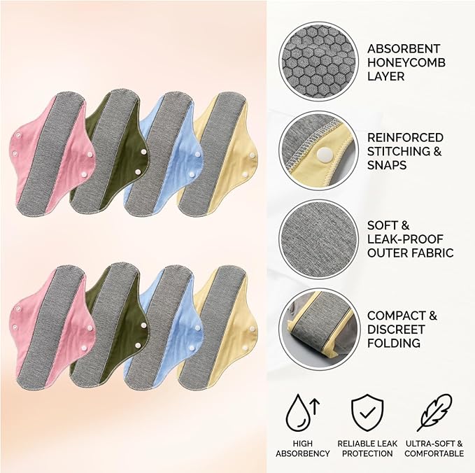 8 Reusable Pads for Women, Carefree Pads for Daily and Nighttime Protection, Reusable Incontinence Pads for Women with Soft Cotton Material, Breathable and Washable Design for Active Lifestyles