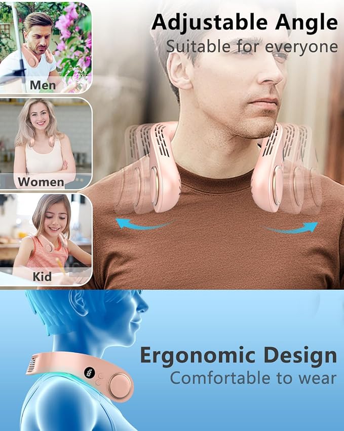 Neck Fan that Blow Cold Air with Cooling Plate, Recharable 5500mAh Battery Powered, Potable Silent Mini Neck Air Conditioner, Cordless Leafless Quiet Face Fans for Kid Adults Travel Work Sports, Pink