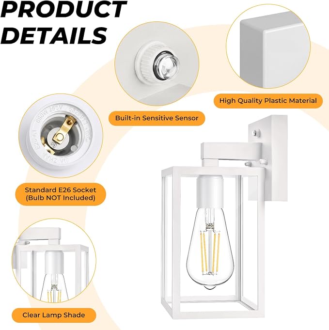 2 Pack Dusk to Dawn Outdoor Wall Light Fixtures, Exterior Porch Light, Waterproof Wall Sconces Lanterns, Sensor Lighting Wall Mount for House Doorway Garage, White