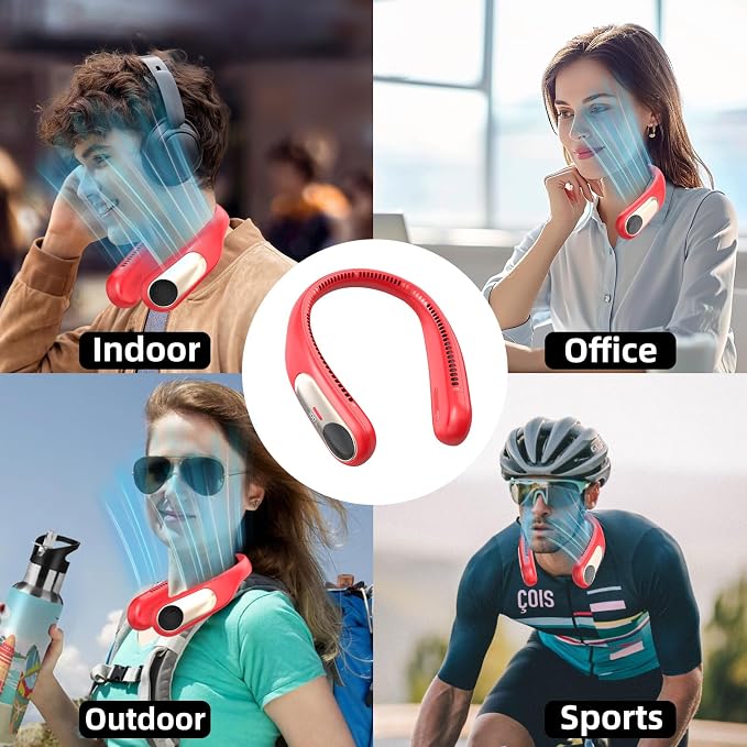 Portable Neck Fan, Personal Wearable Bladeless Fan for Outdoor Indoor, LED Display, 360° Cooling, 4-Speeds, 6000mAh USB Rechargeable, Birthday Gifts for Men Women Dad Mom (Red)
