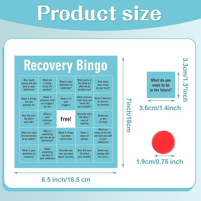 Recovery Bingo Game with 24 Cards and 600 Cross Chips Questions Recovery Bingo for Adults Addiction Group Family Vacation Holiday Party Favors
