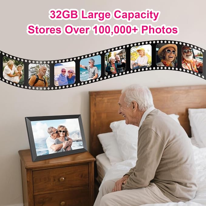 Digital Picture Frame 10.1 inch Smart Electronic Frameo Photo Frame 32GB Auto-Rotate 1280*800 HD Touch Screen, Desk or Wall Mounted, Share Photos Videos Instantly, Gifts for Mom Dad Women Men (Black)