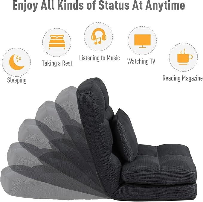 Floor Chair with Back Support for Adults Adjustable 14 Positions Video Game Chairs Foldable Floor Lounger with Pillow 8823(Black)