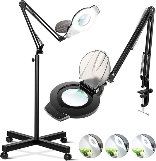 10X Lighted Magnifying Glass with Light, NUEYiO 2200 Lumen Stepless Dimmable Magnifying Floor Lamp, 2-In-1 Adjustable Metal Swing Arm LED Magnifier Lamp, Esthetician Light for Tattoo Reading Soldering