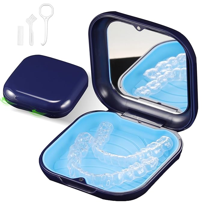 Retainer Case, Slim Aligner Case with Mirror, Compatible with Invisalign, Night Guard and Mouth Guard, Premium Retainer Case, With Aligner Remover Tool, Chew & Brush, Blue