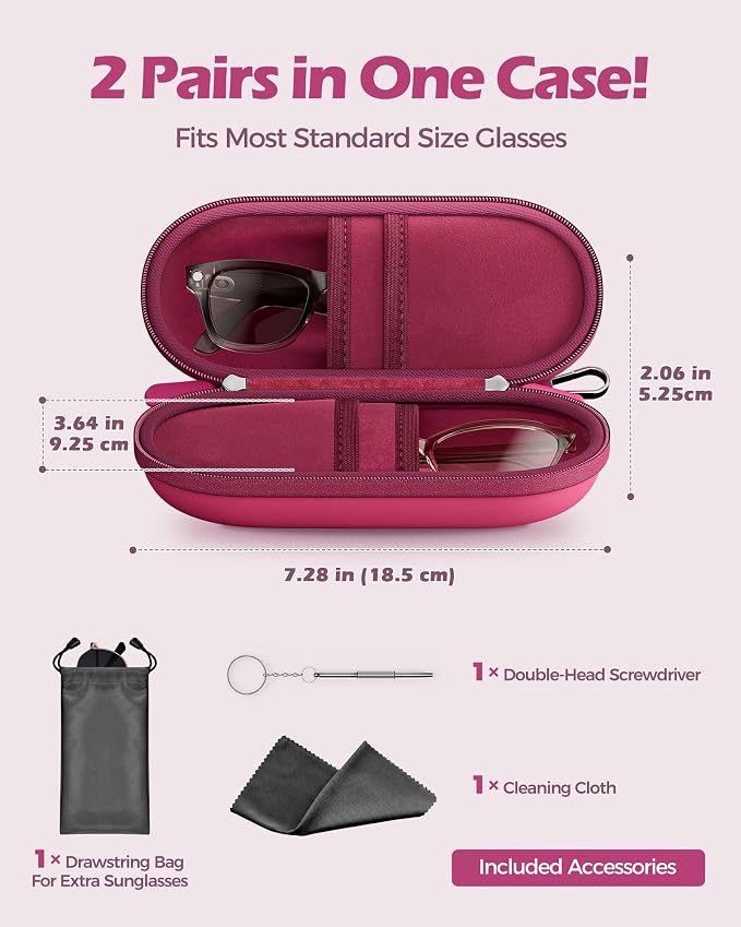 ProCase Hard Double Sunglasses Glasses Case for Men Women -Raspberry | Hard EVA Shell Shockproof Dual Eyeglass Case with Metal Hook Velvet Lining, Travel Zipper Organizer for Couple Gifts