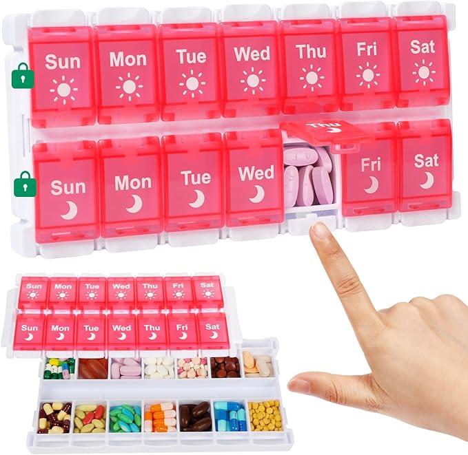 Shintop Weekly Pill Organizer 2 Times, Pink Pill Box Push Button Daily Vitamin Case Easy Fill Morning Night Medicine Organizer for Fish Oil Supplements
