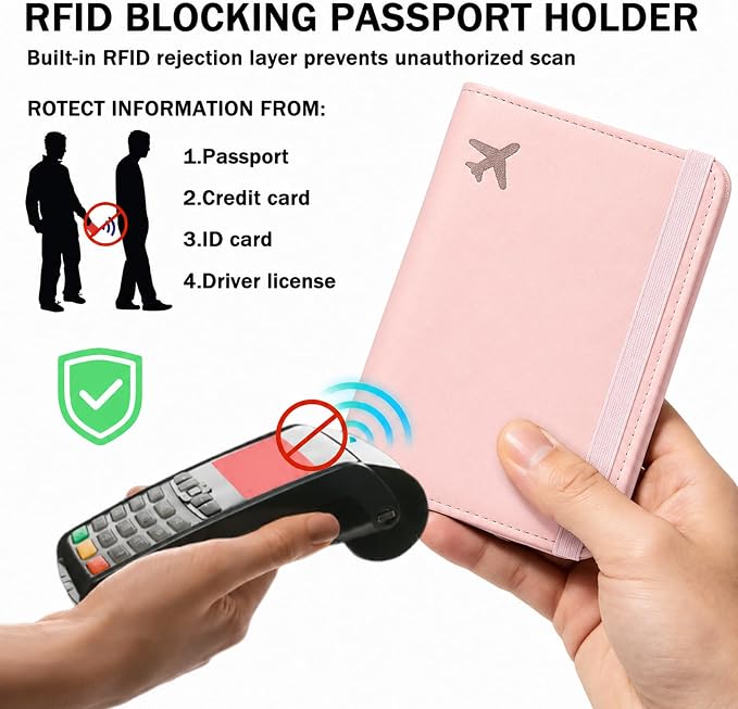 RFID Blocking Passport Holder for Travel – PU Leather Waterproof Lightweight Passport Cover Wallet for Women Men, Travel Organizer with Card Slots for Airline Tickets & Passport Book, Pink
