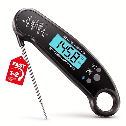 Instant Read Meat Thermometer Digital, 1-2 Sec, Cooking, Food, BBQ | Fast Response, Waterproof, Backlit Display for Grilling, Air Fryer, Smoker, Kitchen Gadgets, Gift for Dad Men, Black
