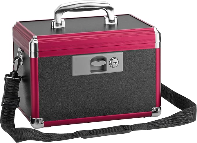 Medicine Lock Box with Key Lock - 12" Hard Case First Aid Safe Medication Storage with Removable Tray & Pockets for Pills, Home, Car & Outdoor - Black Red [with Strap]