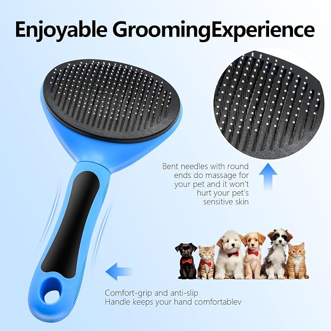 Self Cleaning Slicker Brush for Dogs & Cats, Deshedding Tool with Ergonomic Non-Slip Handle, One Button Hair Removal, Blue