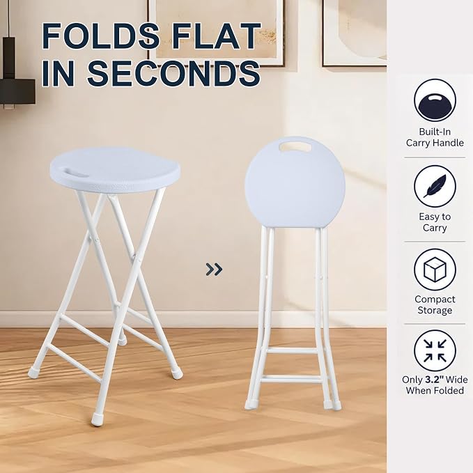 24-Inch Folding Stool with Handle, Folding Bar Stool with Non-Slip Feet,Folding Chair,Indoor and Outdoor Foldable Stool for Adults,500 lbs Capacity,Kitchen,Game Room(13"×11.5"×24",White)