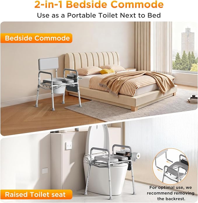 Bedside Commode Toilet, Padded Seat & Backrest, Height Adjustable Aluminum Potty Chair | 350lb, Tool-Free Assembly, Removable Bucket, Portable Toilet for Adults & Seniors