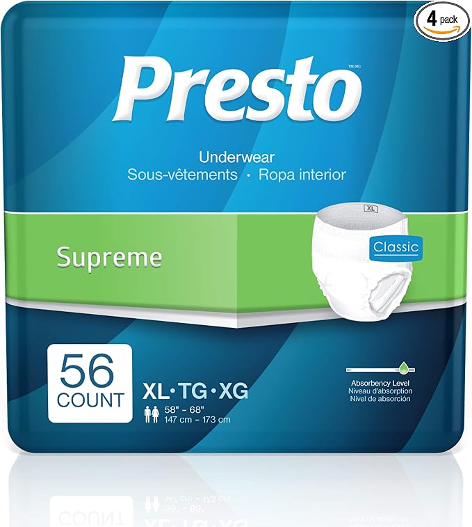 Presto Supreme Classic Unisex Protective Underwear, Adult X-Large (58"–68" Waist) - Maximum Absorbency, Incontinence Underwear with OdorSecure & MoistureLock Dual Core, 56 Count (4 Bags of 14)