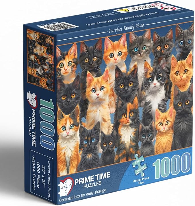 Adult Jigsaw Puzzle Cat Collage 1000 Piece | Colorful cats and kittens collage design, challenging and difficult. Great for game nights on a table, puzzleboard, or floor.