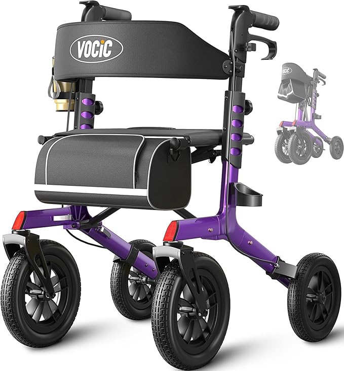 VOCIC Walker with Seat for Seniors, Z57 Outdoor Rollator Walker with 12" All Terrain Big Wheels, 7-Level Adjustable Height Rolling Walker with Safety Brakes, Storage Bag, Cup Holder