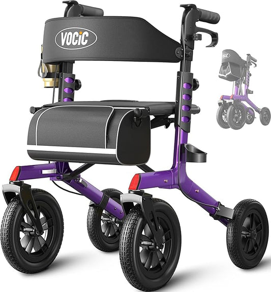 VOCIC Walker with Seat for Seniors, Z57 Outdoor Rollator Walker with 12" All Terrain Big Wheels, 7-Level Adjustable Height Rolling Walker with Safety Brakes, Storage Bag, Cup Holder
