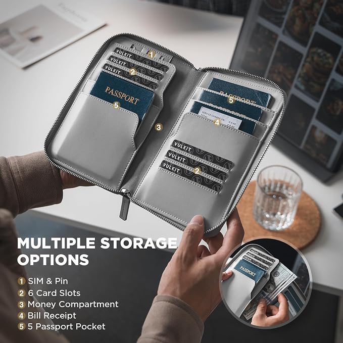 VULKIT Family Passport Holder for 4 Passports, RFID Blocking Travel Wallet | 6 Card Slots, 2 SIM Pockets, Secure Zipper Closure, Holds 4 Passports, Family Travel Essential