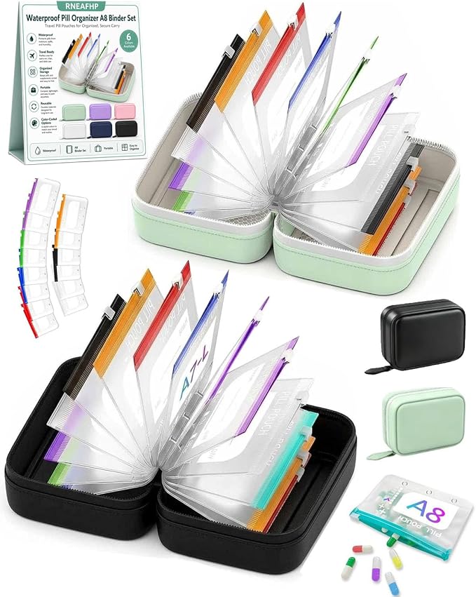 Waterproof Pill Organizer A8 Binder Set Pill Pouches for Travel 14PCS Bags Inside Large Zippered Pouch Bpa-Free Weekly Medicine Air Tight Pocket Color-Coded Reusable Travel Storage System
