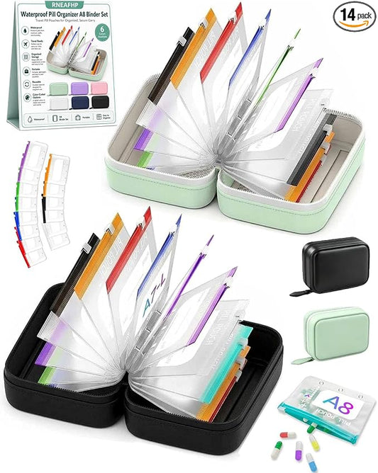 Waterproof Pill Organizer A8 Binder Set Pill Pouches for Travel 14PCS Bags Inside Large Zippered Pouch Bpa-Free Weekly Medicine Air Tight Pocket Color-Coded Reusable Travel Storage System