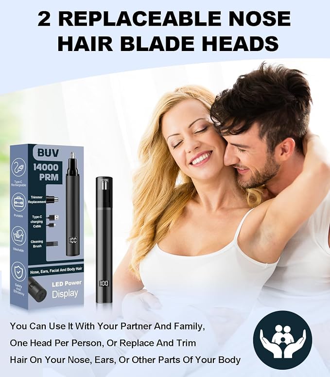 BUV Nose Hair Trimmer for Men with LED Display- 2026 Professional Painless Ear Hair Trimmers for Women, USB Rechargeable Nose Hair Trimmer Clipper – 14,000 RPM IPX7 Waterproof Dual Edge Blades, Black