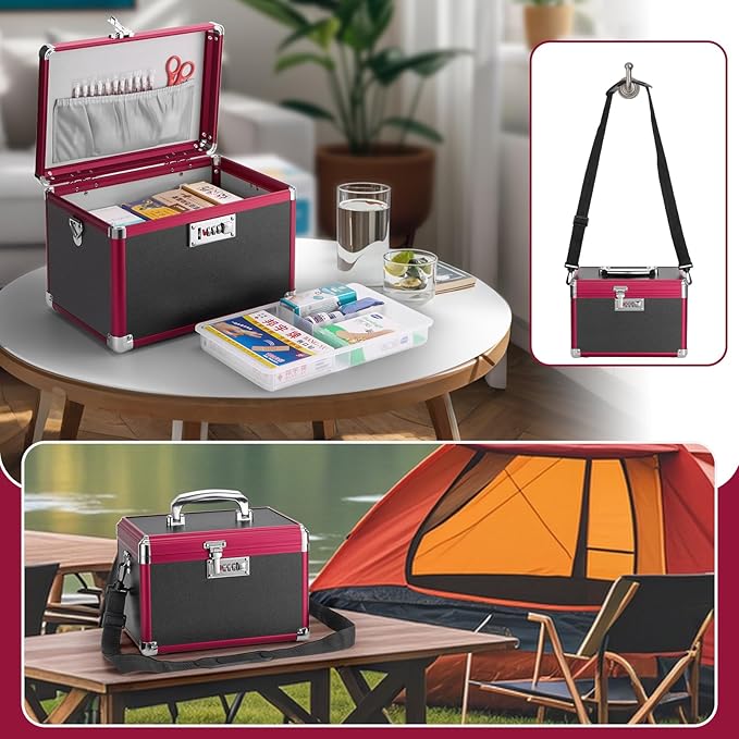 Medicine Lock Box with Combination Lock - 15 x 8.7 x 9.4 Inches - First Aid Safe Medication Storage Box, Medications and Personal Items, Safe Boxes for Home and Outdoor - Black Red Black