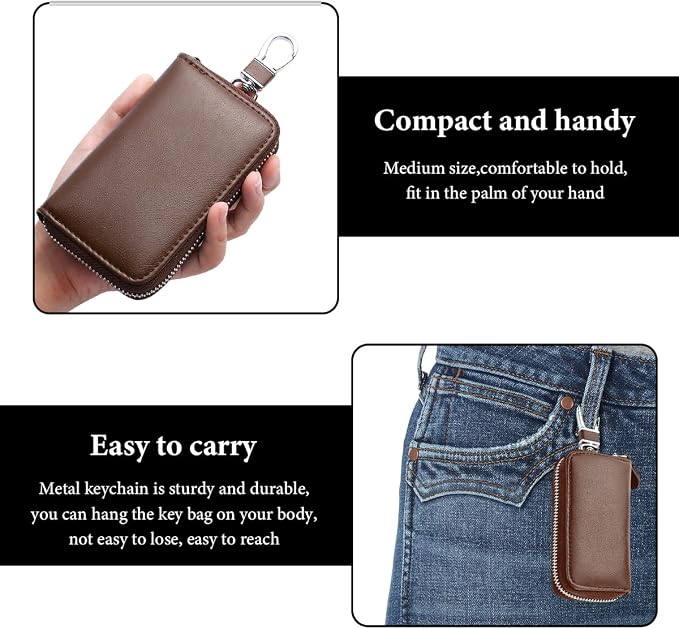 Leather Car Key Holder Bag, Unisex Key Fob Case with 6 Hooks, Zipper Closure Keychian Case Wallet for Smart Keys (Brown)