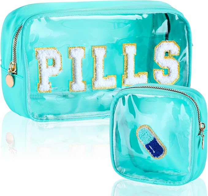 Hillban 2 Pcs Medicine Bag Chenille Letter Patch Meds Bags Travel Cases Preppy Clear Nylon Portable Makeup Bags Zipper Cosmetic Toiletry Storage for Women PVC Transparent Mini First Aid Bag(Fresh)
