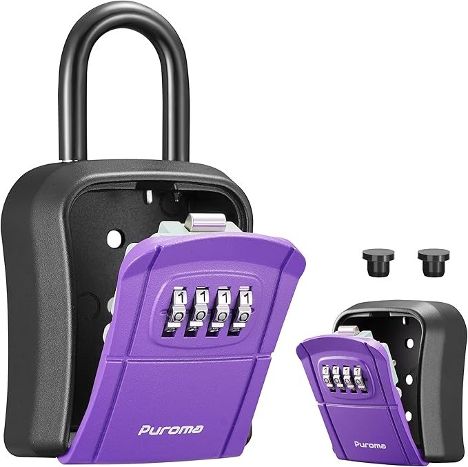 Puroma Key Lock Box Outdoor 4 Digit Code Combination Lockbox House 1 Purple | For Contractors Guest Realtor Storage Keys, Portable, Home Wall Mount, Resettable, Combination, Weatherproof, High-capacity