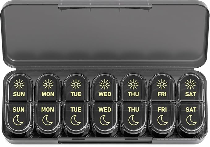 Daviky Weekly Pill Organizer 2 Times a Day, 7-Day AM PM Medicine Case, Travel-Friendly Pill Box for Fish Oils, Vitamins & Supplements