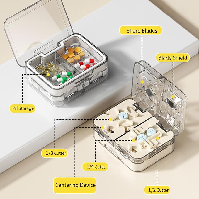 Pill Cutter Splitter 1/3, 1/4 with Centering Device for Small and Large Oblong Oval Tablets with Pill Storage, for Quarter, Third and Half