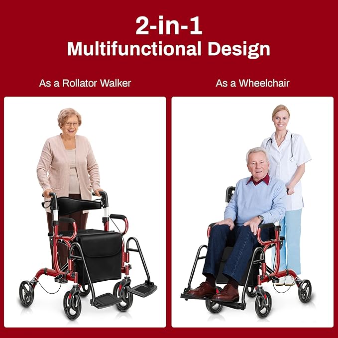 Goplus 2 in 1 Rollator Walker for Seniors, Medical Walker with Seat, Folding Transport Wheelchair Rollator with 8" Wheels, Reversible Backrest, Footrests, Aluminum Mobility Walking Aid