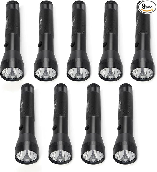 9 Pack Heavy Duty 2-Cell D Battery LED Big Flashlights Bulk, High Lumens, Single Mode, Aluminum, Rugged Metal Flashlight for Outdoors Camping Hinking Emergency