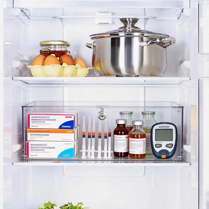 Fridge Medicine Lock Box with Keys, 5mm Thick Acrylic Lockable Medicine Box for Refrigerator Wall Mount Clear Medicine Insulin Storage Box