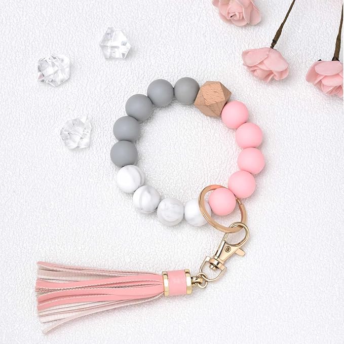 BAOSIWA Silicone Beaded Bracelet Keychain Wristlet Key Ring Bangle Chains for Women with Leather Tassel