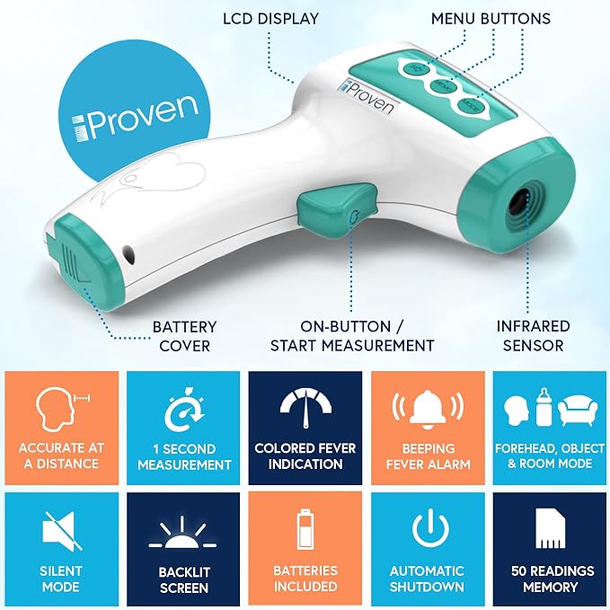 iProven Infrared Touchless Forehead Thermometer for Adults and Infants | 1sec Instant Accurate Readings, 3-in-1 Including Fever Alarm, Silent & Memory Mode