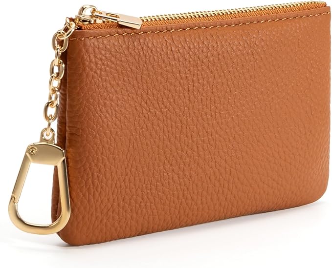 Full Grain Leather Coin Purse with Key Chain - Small Change Purse Keychain Card Holder Keychain Pouch Small Keychain Wallet for Women and Men (Brown, Large Size)